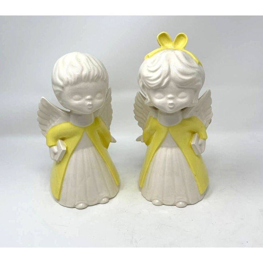Vintage Boy Girl Angel Figurines Yellow White Mid Century Kissing Holding Bible